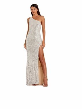 Mac Duggal One-Shoulder Silver Sequin Gown with High Slit